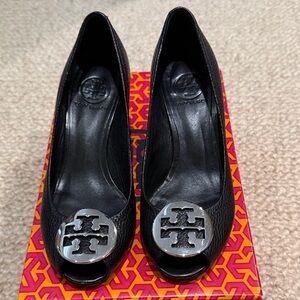 Tory Burch Sally 2 Black and Silver Peep Toe Wedge Heel